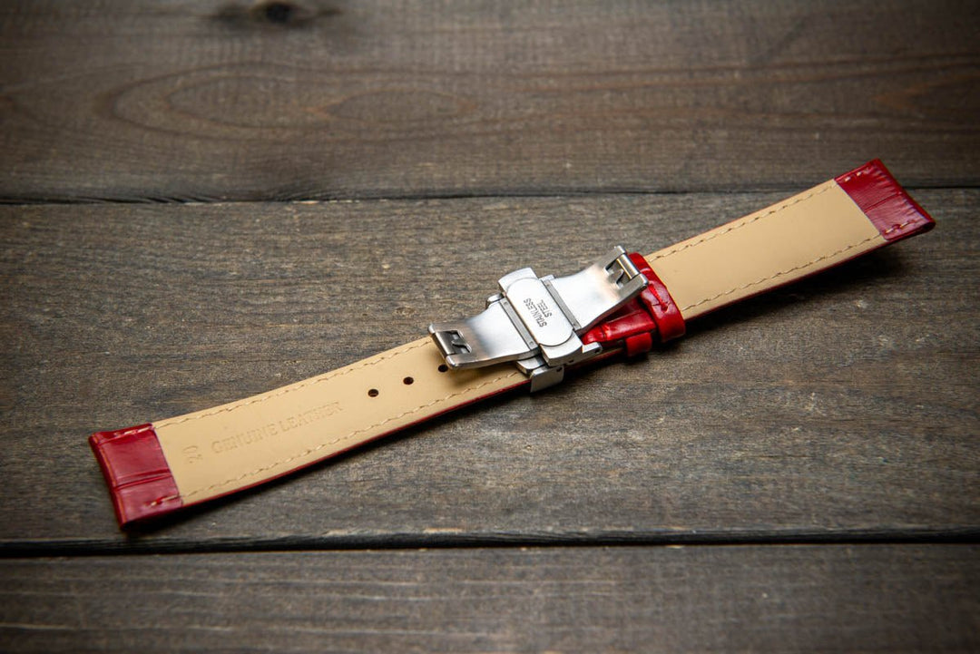 Leather watch strap, band made of calf leather with croc grain pattern 18-24 mm. Deployment clasp. - finwatchstraps